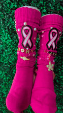 Load image into Gallery viewer, Custom Breast Cancer Awareness Embellished Socks – Pink Ribbon and Butterfly Design with Pearls and Charms