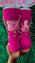 Load image into Gallery viewer, Custom Breast Cancer Awareness Embellished Socks – Pink Ribbon and Butterfly Design with Pearls and Charms