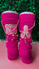 Load image into Gallery viewer, Custom Breast Cancer Awareness Embellished Socks – Pink Ribbon and Butterfly Design with Pearls and Charms