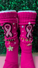 Load image into Gallery viewer, Custom Breast Cancer Awareness Embellished Socks – Pink Ribbon and Butterfly Design with Pearls and Charms