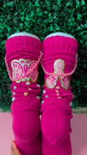Load image into Gallery viewer, Custom Breast Cancer Awareness Embellished Socks – Pink Ribbon and Butterfly Design with Pearls and Charms