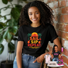 Load image into Gallery viewer, Sail. Sip. Repeat. Cruise Tee – Tropical Summer Vacation Shirt