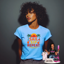 Load image into Gallery viewer, Sail. Sip. Repeat. Cruise Tee – Tropical Summer Vacation Shirt