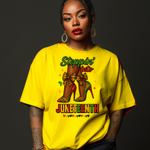 Load image into Gallery viewer, Steppin’ Into Juneteenth Afrocentric Heels T-Shirt – Pan-African Pride Shirt for Women | Kente Cloth High Heel Juneteenth Tee