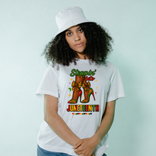 Load image into Gallery viewer, Steppin’ Into Juneteenth Afrocentric Heels T-Shirt – Pan-African Pride Shirt for Women | Kente Cloth High Heel Juneteenth Tee