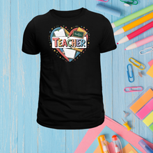 Load image into Gallery viewer, Teacher Heart T-Shirt – Cute Back to School Shirt with Notebook & Book Design for Educators