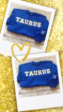 Load image into Gallery viewer, Zodiac Crewneck white and gold letters with Sign on Sleeve
