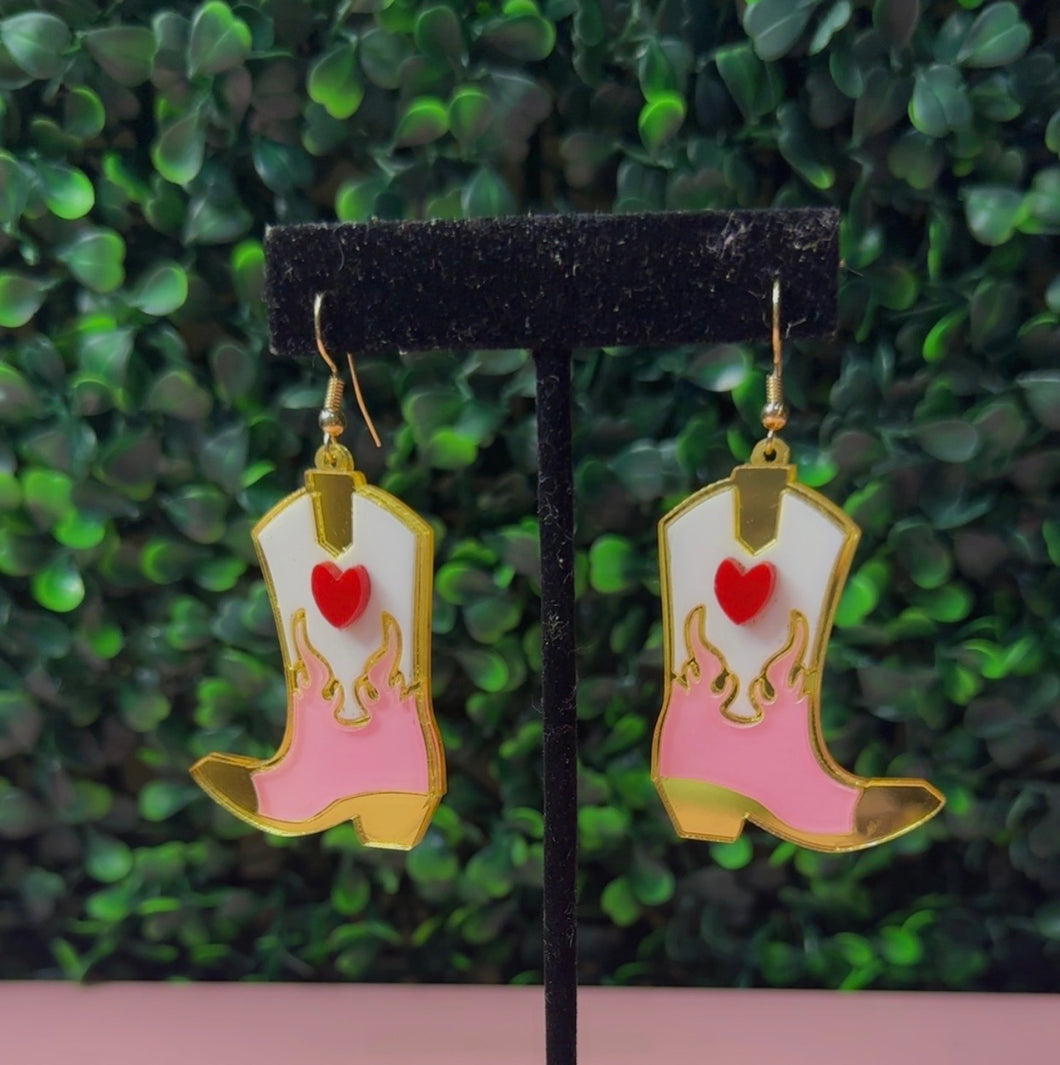 Pink Cowgirl Boot Earrings – Western Heart Dangle Earrings for Women, Rodeo & Country Concert Jewelry