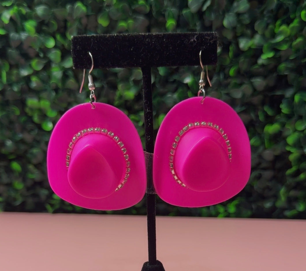 Hot Pink Cowgirl Hat Earrings with Rhinestone Detail – Western Statement Jewelry